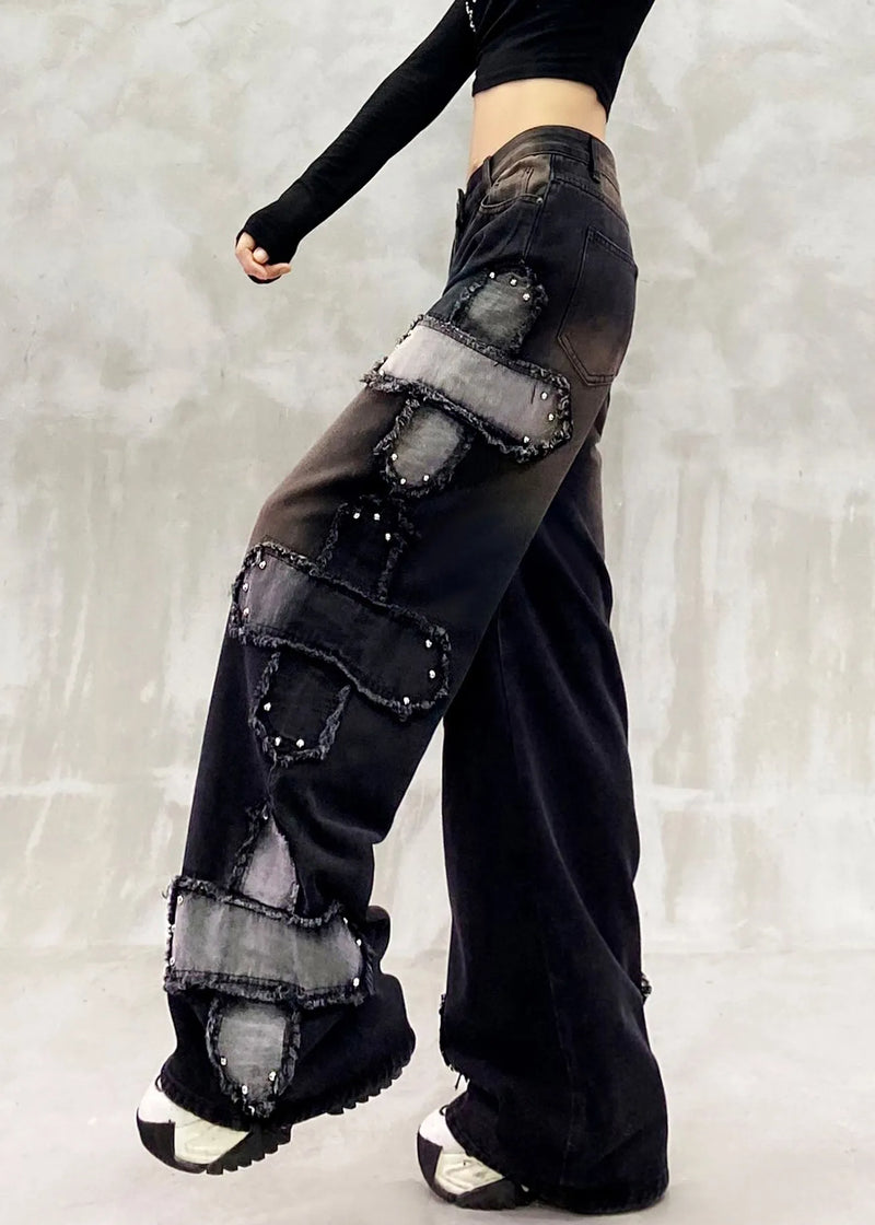Boutique Black Oversized Patchwork Rivet Denim Straigh Pants Spring