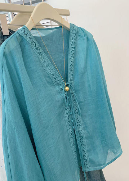 Blue V Neck Hollow Out Top Fall