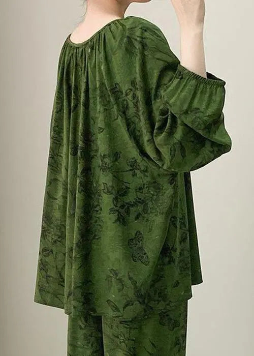 Green Print Lace Up Cotton Pajamas Two Pieces Set Fall