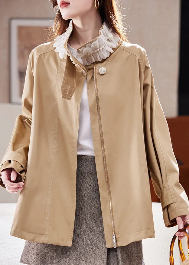 Natural Khaki Stand Collar Nail Bead Patchwork Coat Spring