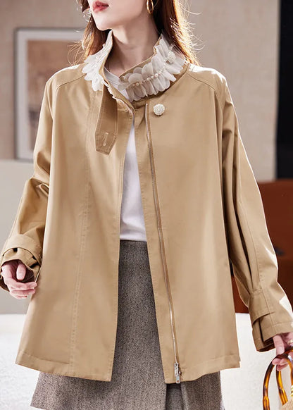 Natural Khaki Stand Collar Nail Bead Patchwork Coat Spring