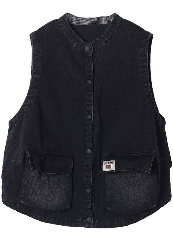Black Stand Collar Pockets Button Fall Sleeveless Waistcoat