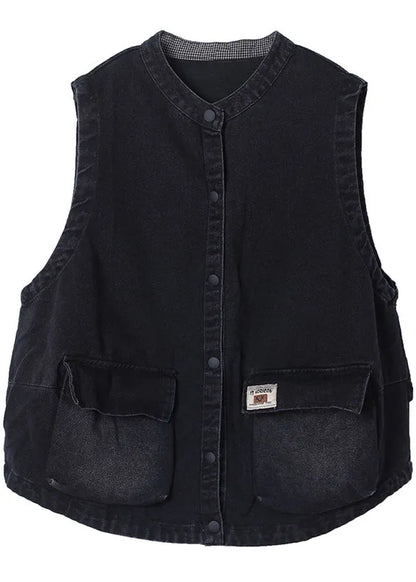 Black Stand Collar Pockets Button Fall Sleeveless Waistcoat