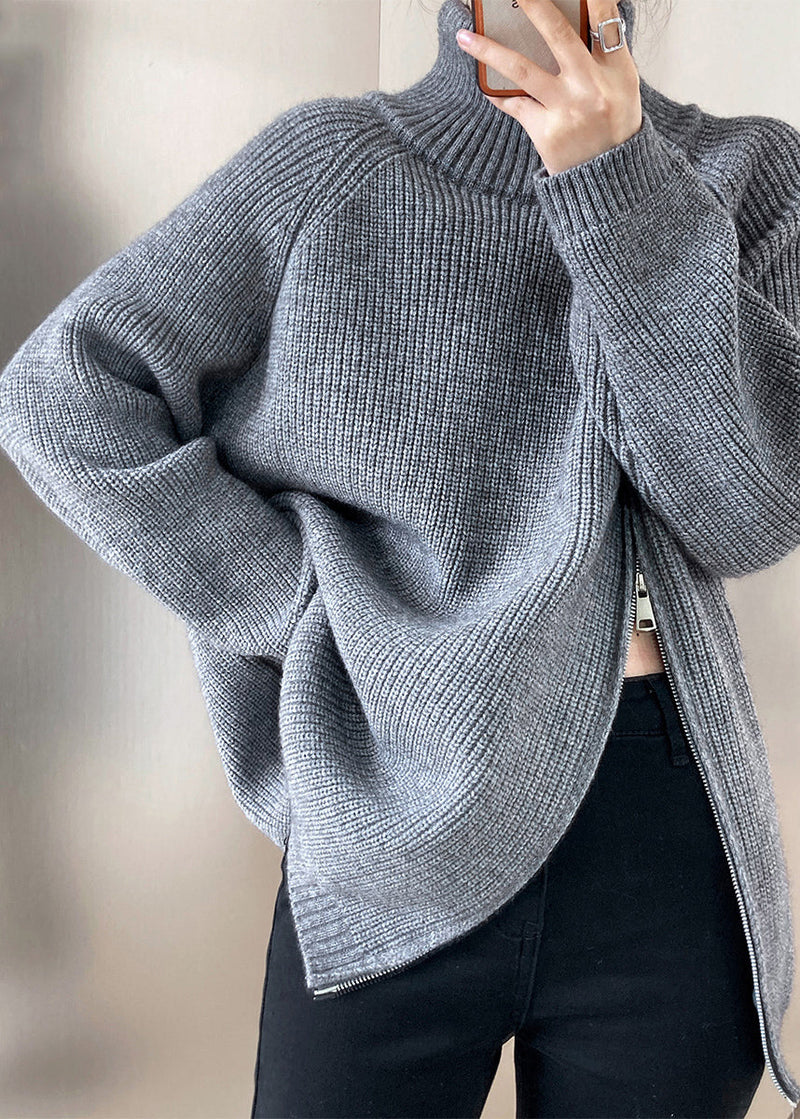 Grey Turtleneck Thick Cotton Knit Sweaters Fall