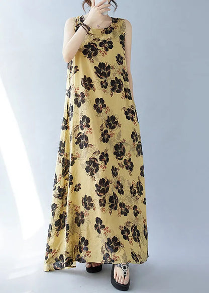 Yellow Oversized Print Cotton Dresses Sleeveless