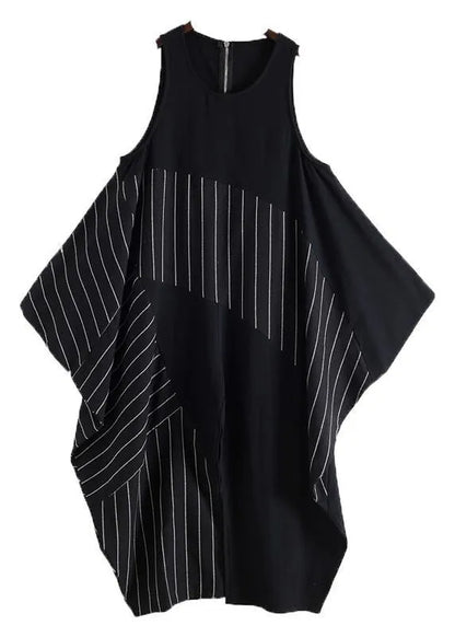 Spring Summer Cotton Hemp Oversized Asymmetric Striped Jumpsuit