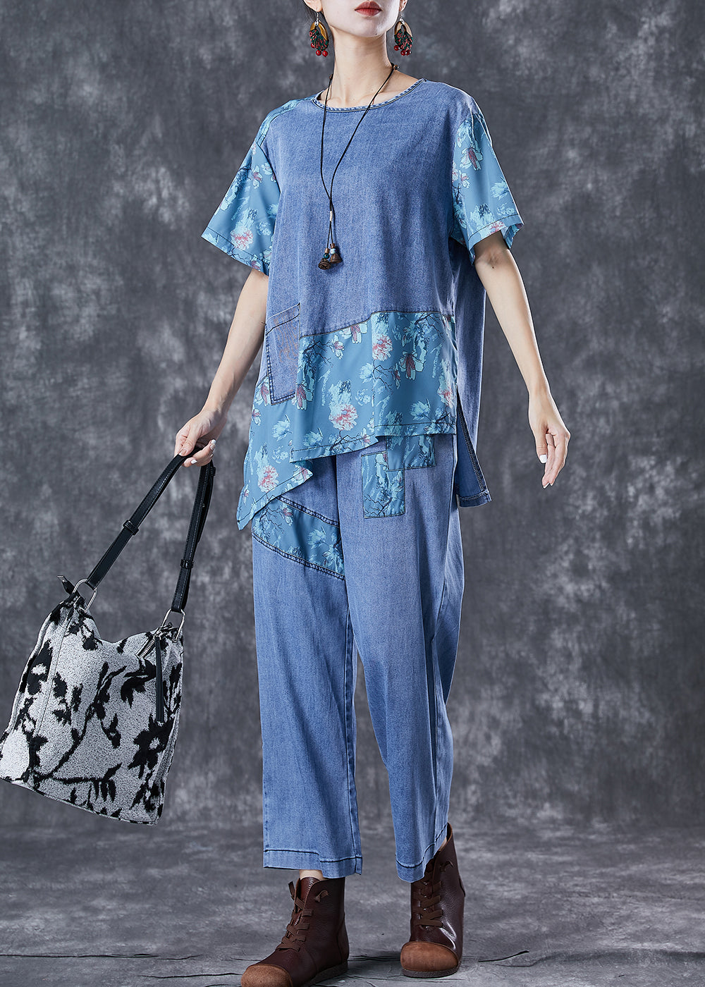Blue Oversized Asymmetrical Patchwork Denim Two Pieces Set Summer