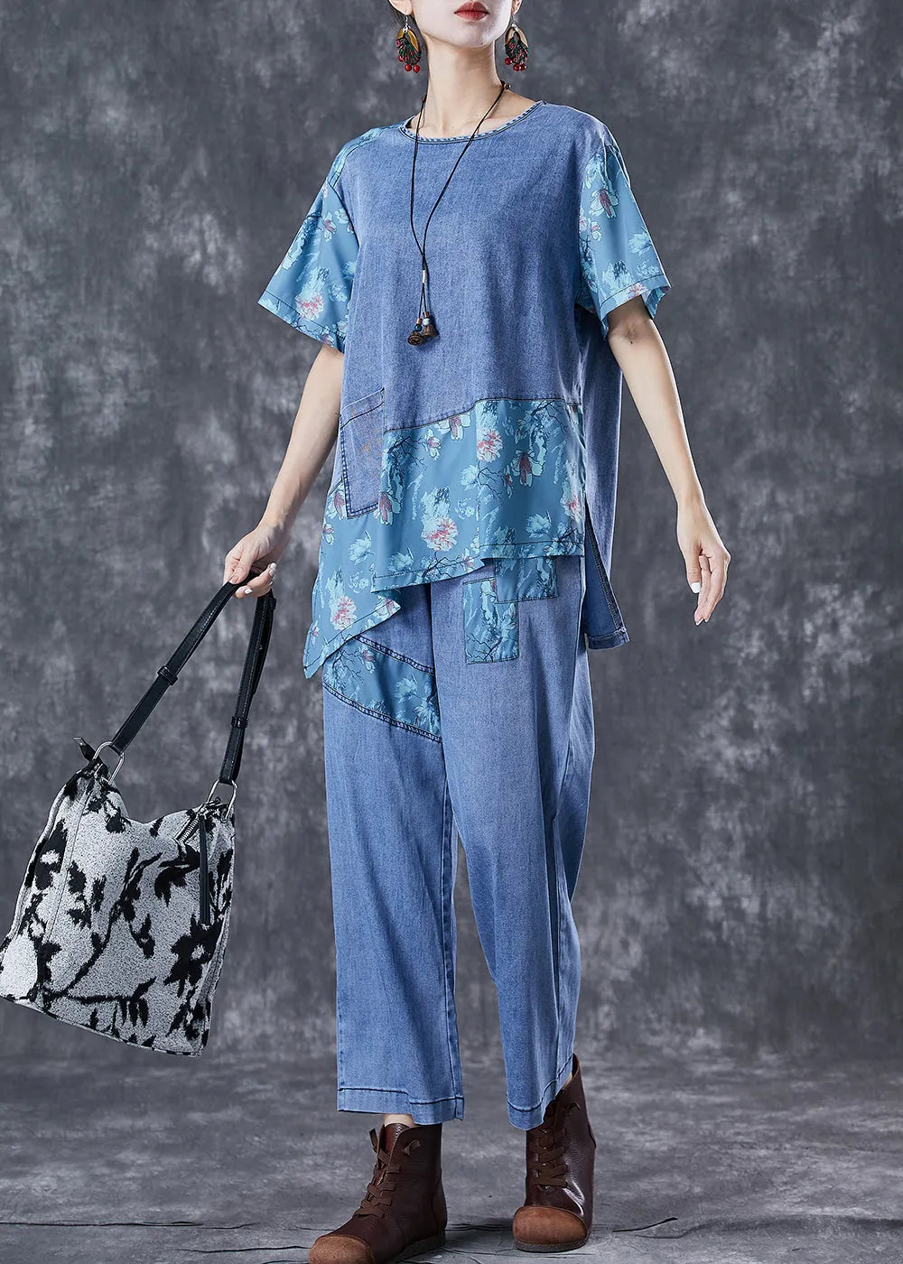 Blue Oversized Asymmetrical Patchwork Denim Two Pieces Set Summer