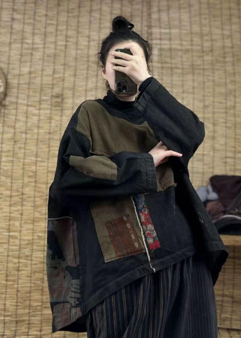 Loose Black Low High Design O-neck Patchwork Sweatshirts Spring