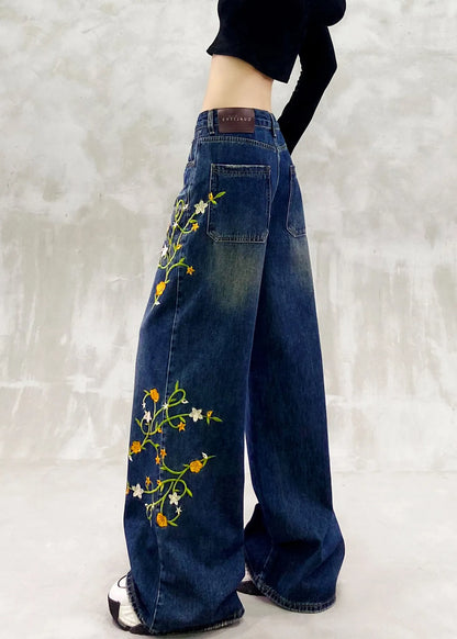 Blue Embroidered Pockets Patchwork Denim Pants Fall