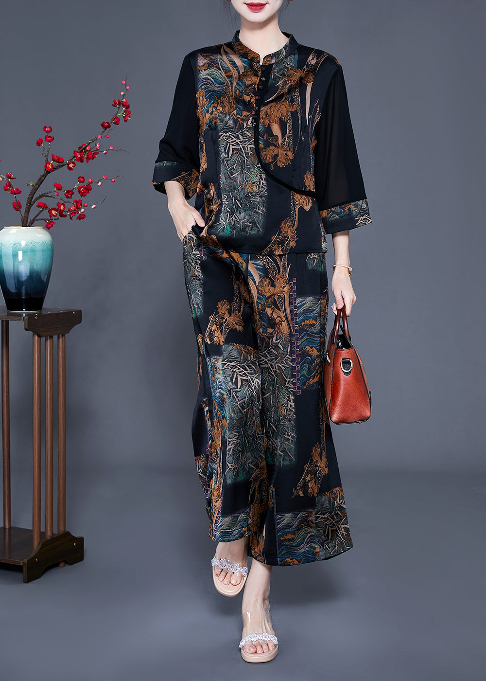 Black Stand Collar Patchwork Print Silk Two Pieces Set Bracelet Sleeve