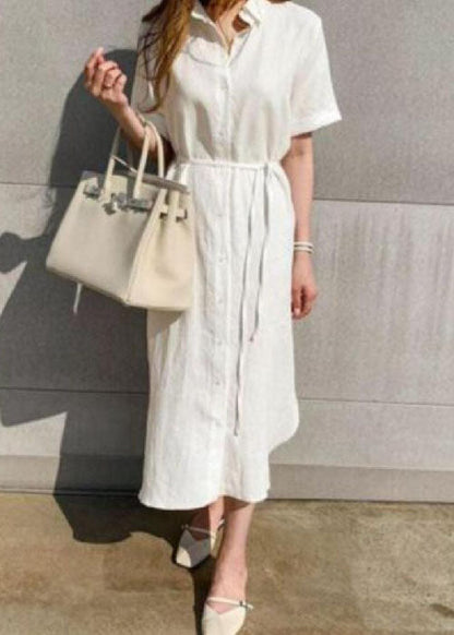 White Side Open Button Shirts Dresses Short Sleeve
