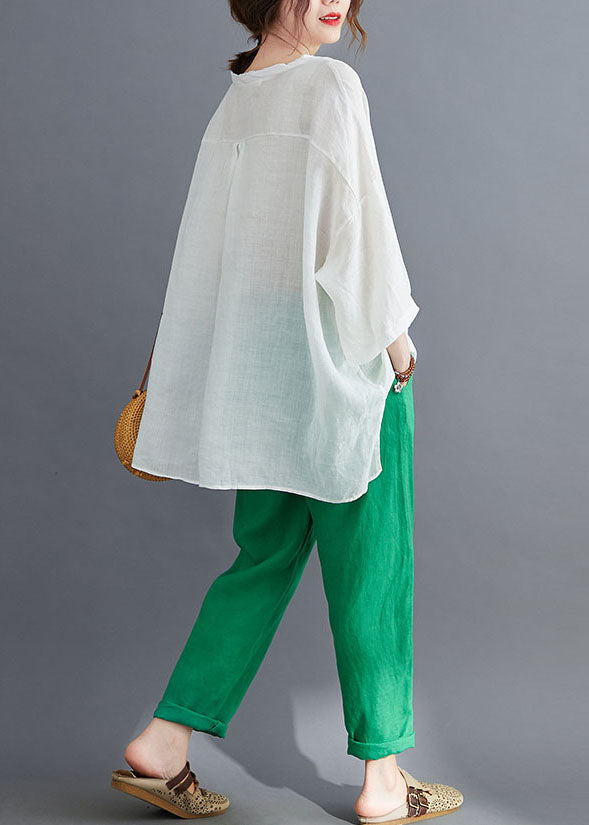 Green Cotton Loose Two Pieces Set O-neck Low High Design Batwing Sleeve