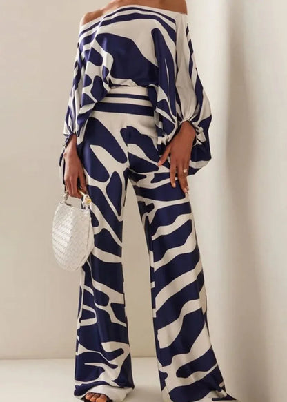 Loose Blue Print High Waist Cotton Two Piece Set Spring