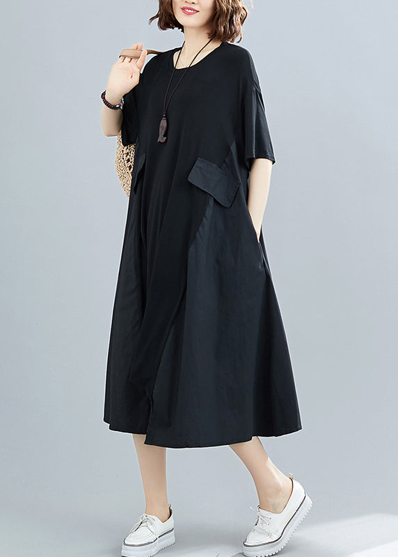 Simple Black O-neck Asymmetrical Patchwork Dresses Short Sleeve