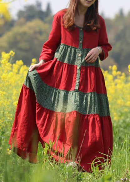 Red O-neck Wrinkled Patchwork Long Dresses Spring