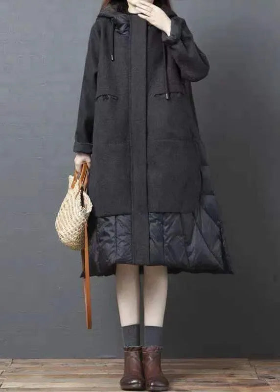 Black Hooded Pockets Patchwork Thick Long Coat Winter