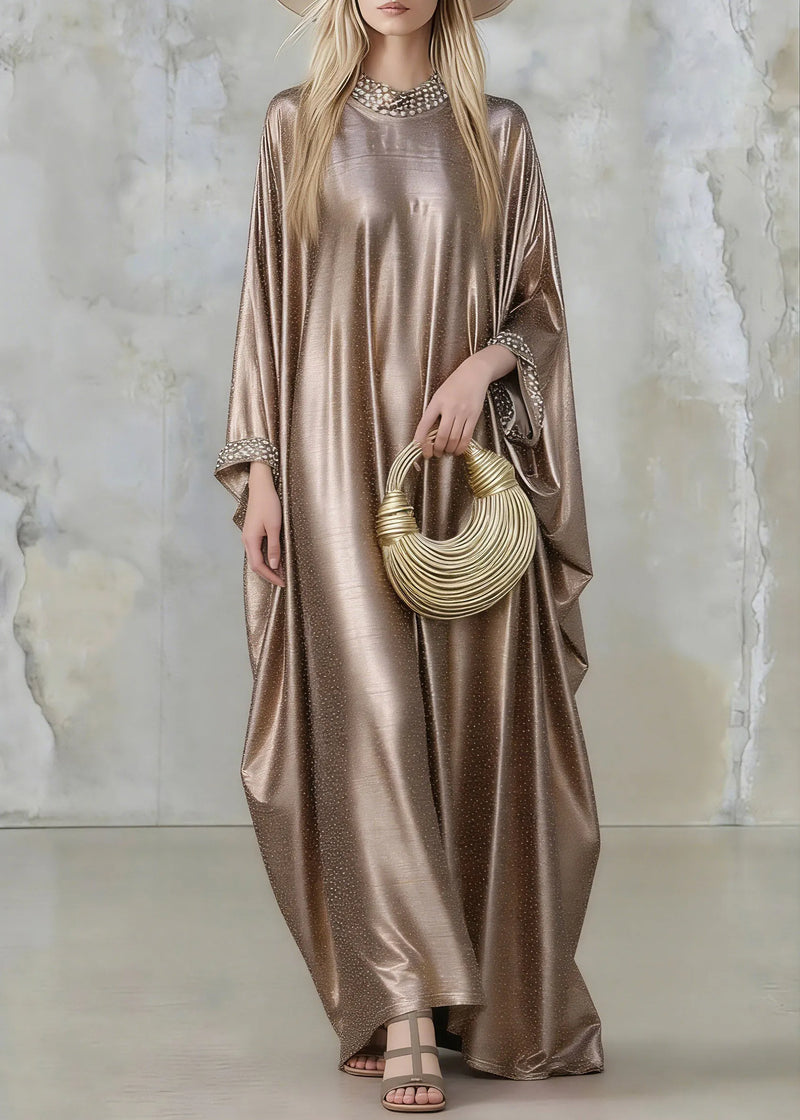 Gold Silk Maxi Dresses Flare Sleeve