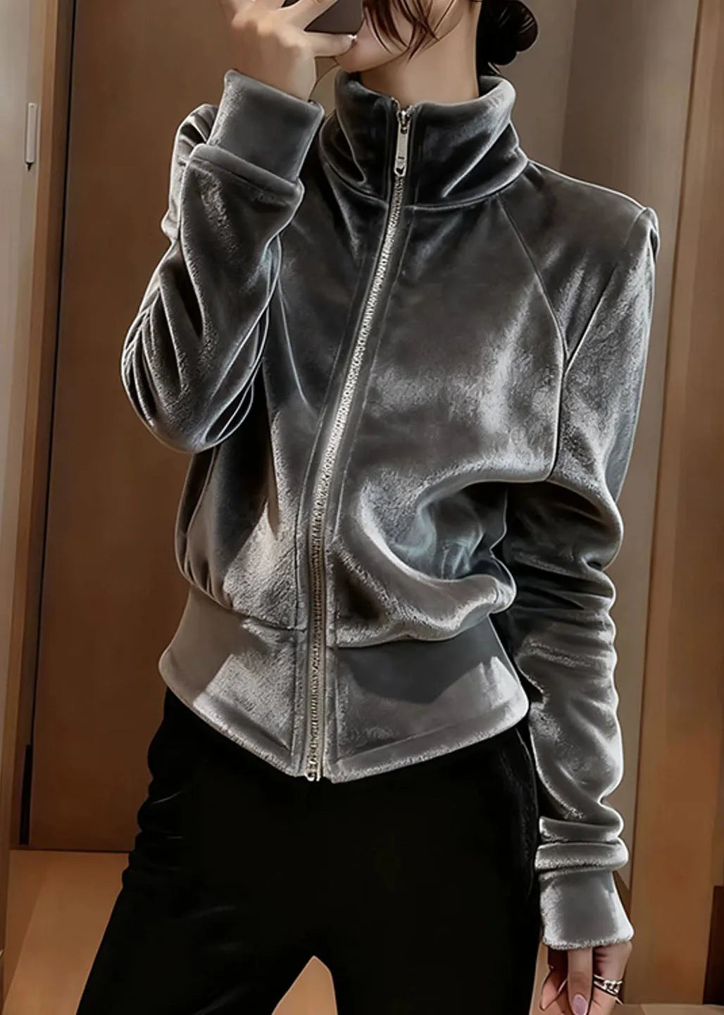 Modern Grey Stand Collar Zippered Silk Velvet Coat Fall