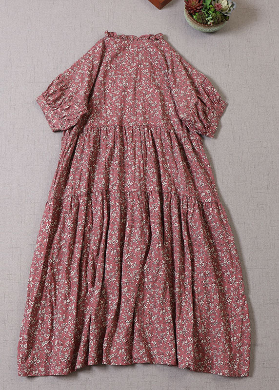 Red Ruffled Print Long Dresses Half Sleeve