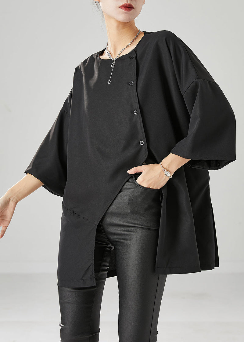 Loose Black Asymmetrical Side Open Cotton Blouses Bracelet Sleeve