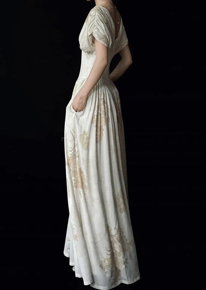 New White V Neck Print Pockets Cotton Maxi Dress Summer