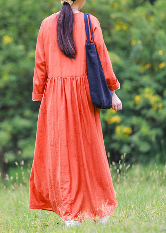 Loose Orange V Neck Cinched Tie Waist Long Dresses Long Sleeve