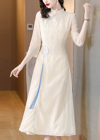 Stylish Apricot Stand Collar Embroideried Tassel Silk Long Dresses Spring