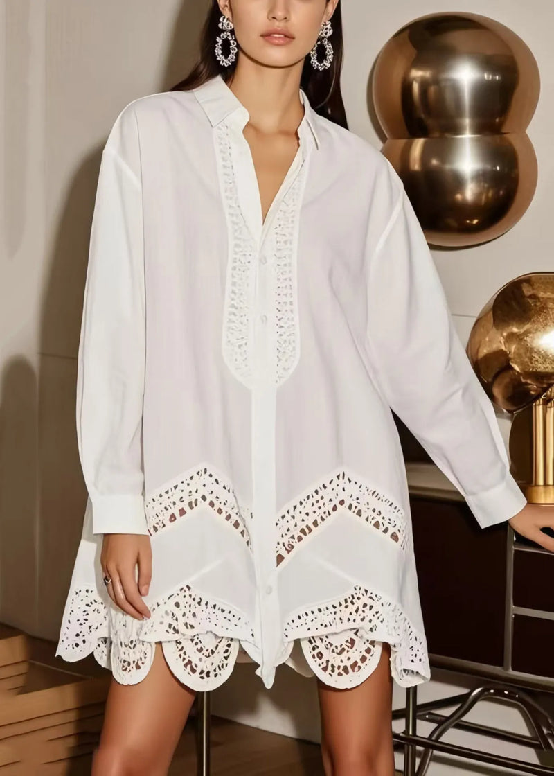 White Oversized Hollow Out Cotton Shirt Dress Spring