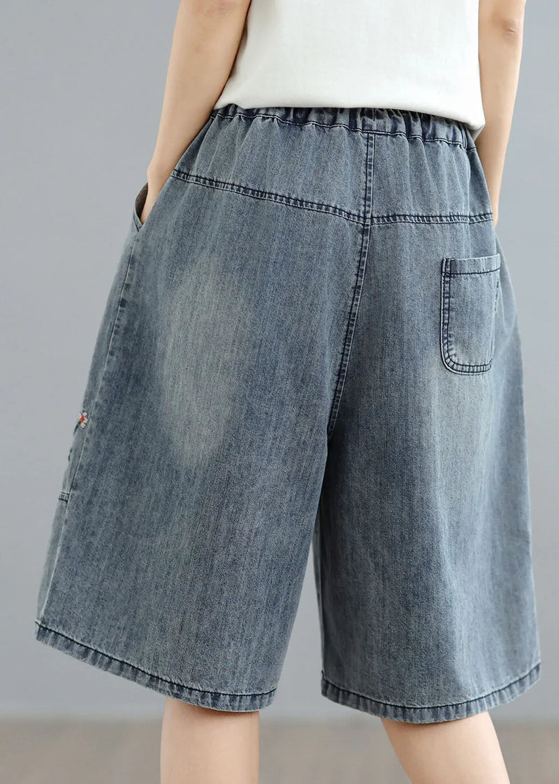 Blue Embroidered Pockets Denim Shorts Summer