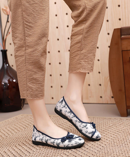 Embroideried Flats Beige Cotton Fabric Flat Shoes for