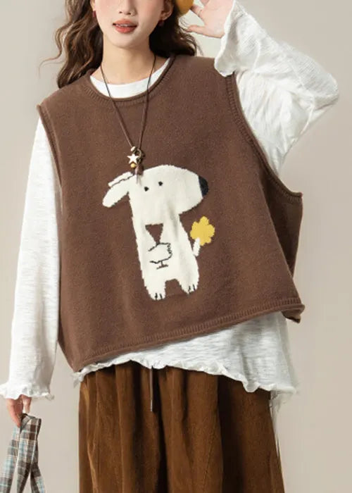 Coffee Dogs Knit Vest and White Ruffled T Shirt Knit Two Pieces Set Spring