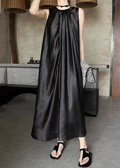French Apricot O-neck Silk Long Dress Sleeveless