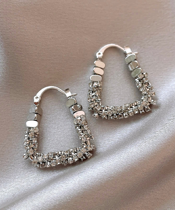 Silk Copper Alloy Zircon Broken Silver Hoop Earrings
