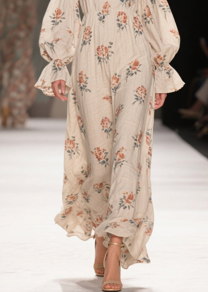 V Neck Print Patchwork Cotton Long Dresses Fall