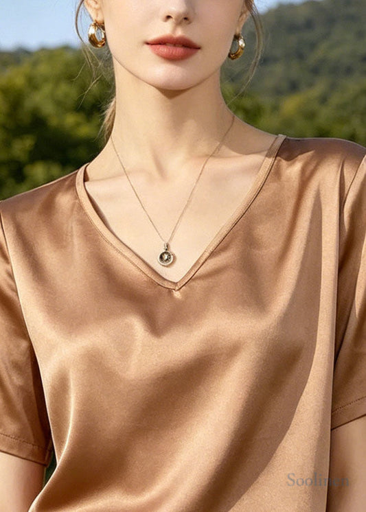 Apricot V Neck Silk Blouse Tops Summer