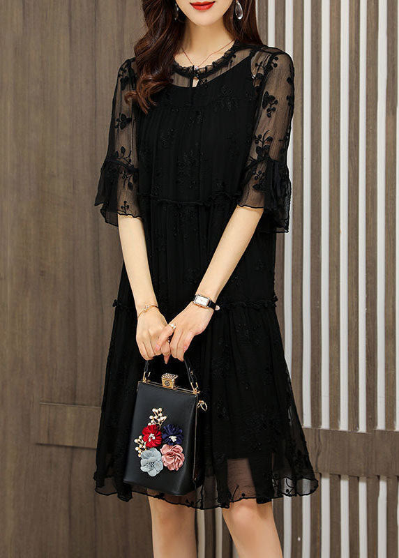Unique Black O-neck Embroideried Patchwork Tulle Dress Half Sleeve