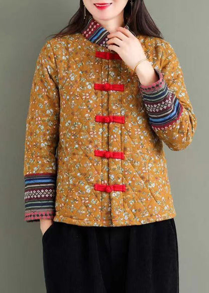 Yellow Stand Collar Print Fine Cotton Filled Puffers Jackets Winter