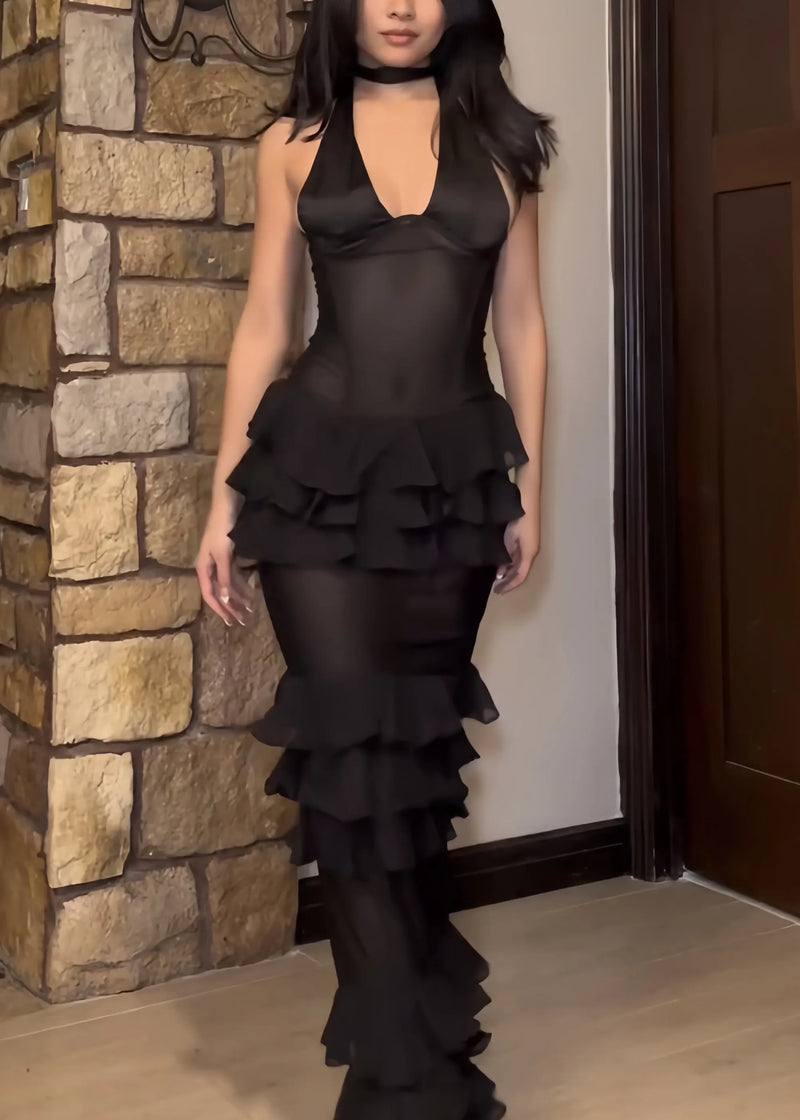 Black V Neck Ruffled Tulle Maxi Dresses Sleeveless