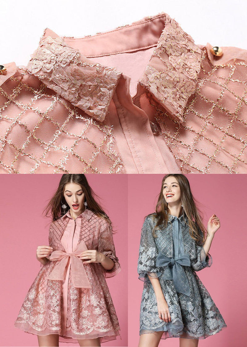 Pink Peter Pan Collar Bow Organza Day Dress Spring