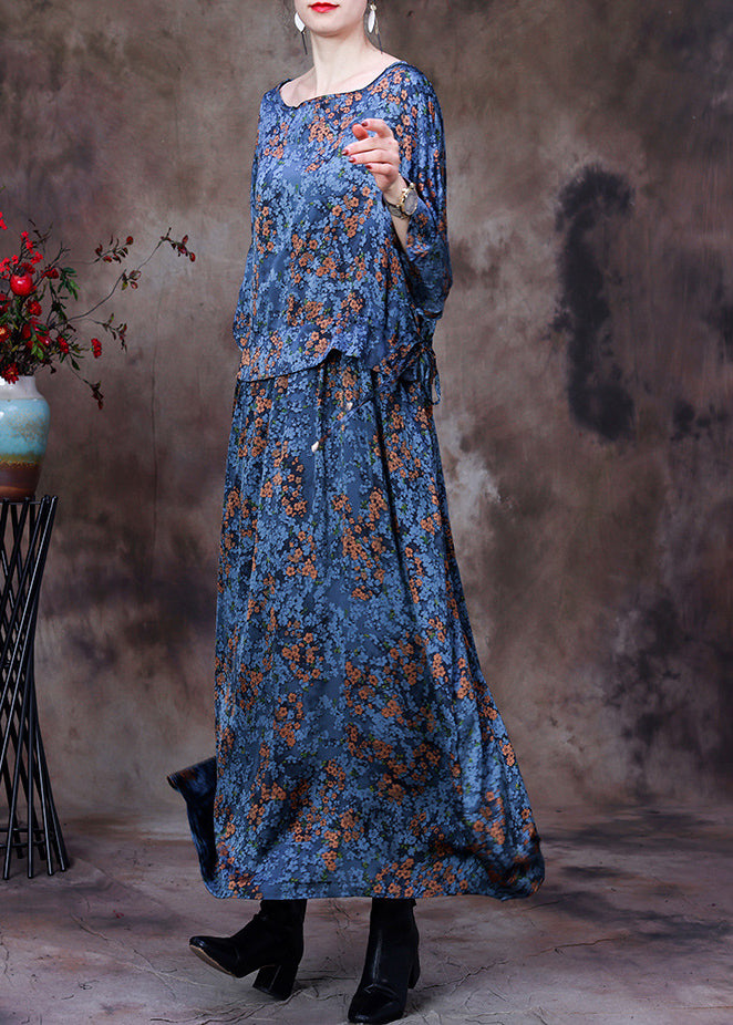 Original Design Blue O-neck Drawstring Print Silk Loose Dresses Bracelet Sleeve
