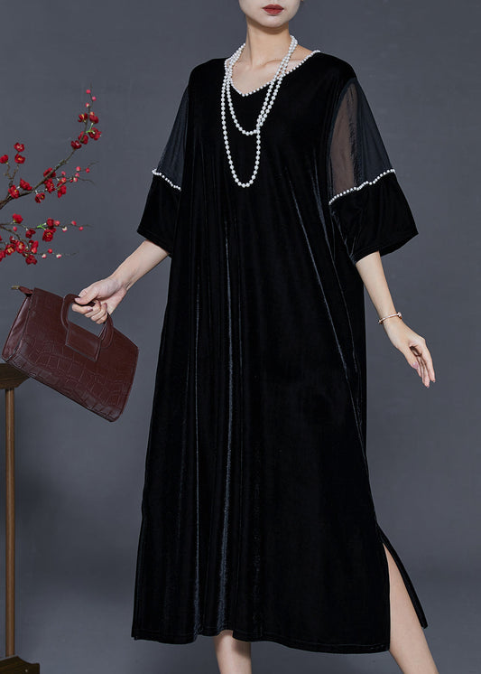 Black Oversized Patchwork Nail Bead Silk Velour Dress Spring
