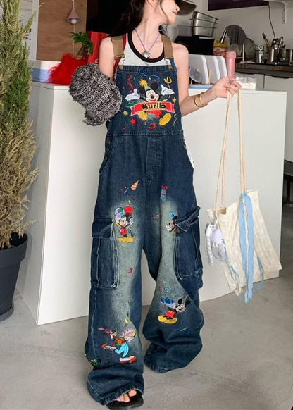 Modern Blue Embroidered Pockets Denim Jumpsuit Sleeveless