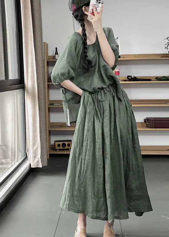 Green O-neck Top and a Line Skirts Two Pieces Set Summer