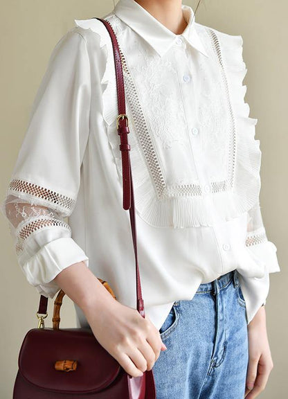 Handmade Patchwork White Long Sleeve Top Ruffles