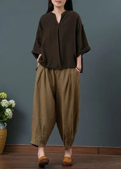Chocolate V Neck Linen Two Pieces Set Summer