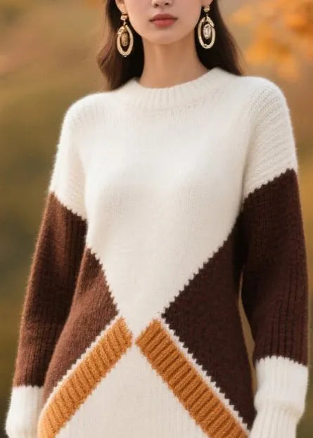 Fitted White Oversized Patchwork Thick Knit Dress Winter