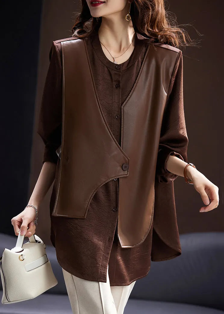 Coffee Button Faux Leather Patchwork False Two Pieces Blouses Spring