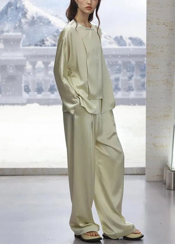 New Light Green O-neck Button Silk Pajamas Two-piece Set Long Sleeve