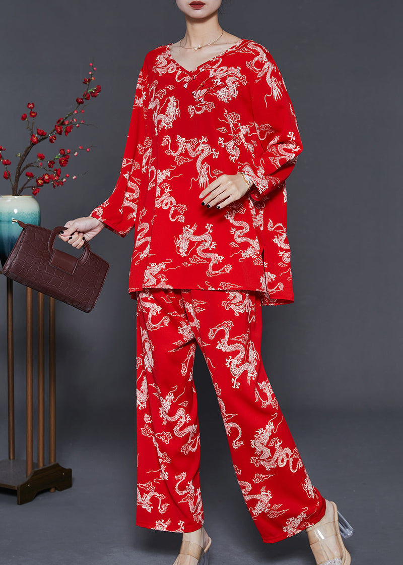 Red Dragon Print Cotton Sets 2 Pieces Summer